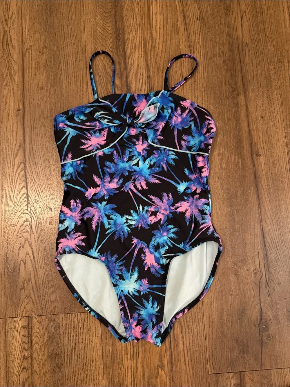 art class Kids One-Piece Swimsuit - Black with Blue & Pink Palm Print